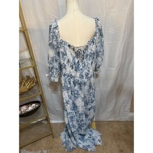 Baltic Born Blue White Floral Eyelet Smocked Maxi Dress Square Neck Puff Sleeve